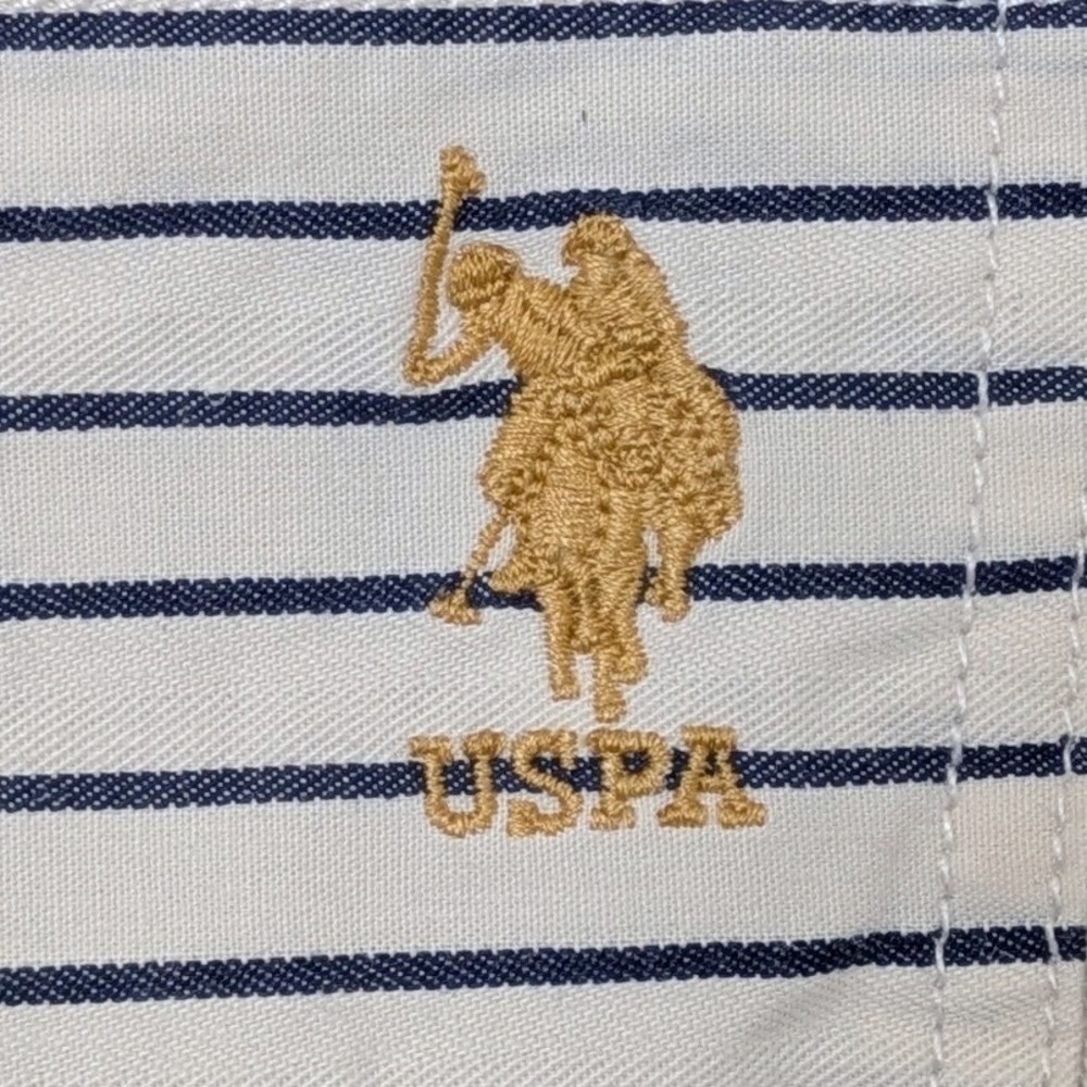 US Polo Assn Pinstripe Overall Dress Women XL Cream Navy Blue Classic Pinafore - Picture 2 of 9